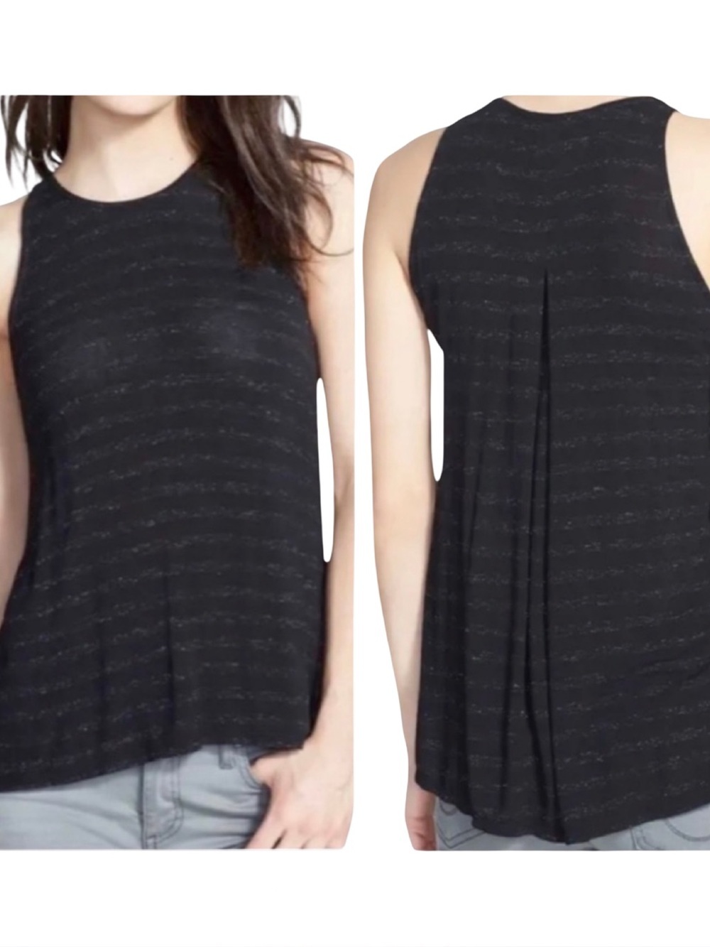 SOFT JOIE Phan Tonal Stripe Scoop Neck Knit Tank Black Loose Fit Stretch Rayon M